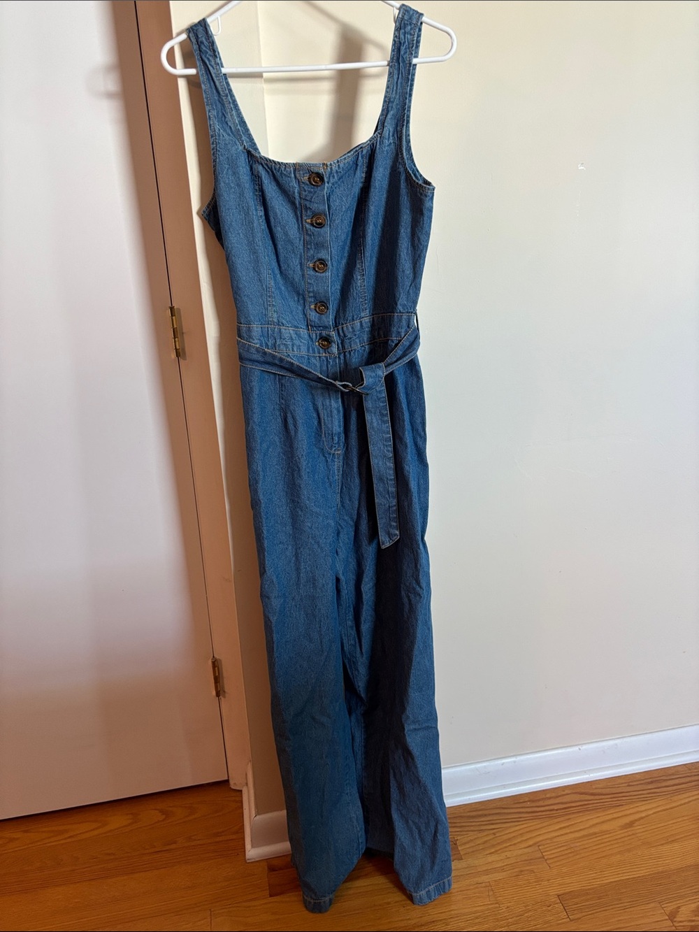 Denim Button-Front Jumpsuit with Waist Tie - Blue